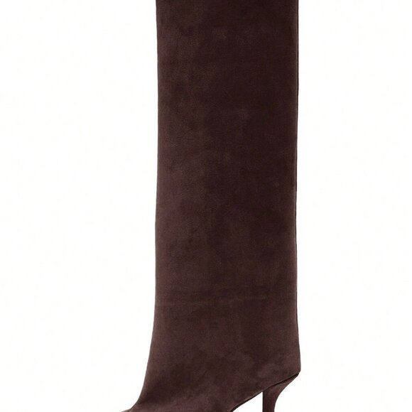Dark Brown Party Women's Knee High Wide Calf Suede Square Toe Heeled Boots - Picture 6 of 7